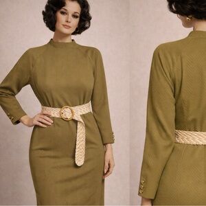 Vintage chartreuse polyester long-sleeve dress with braided belt-L